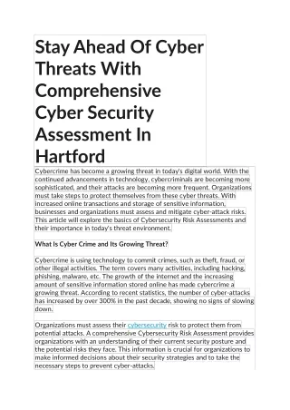 Stay Ahead Of Cyber Threats With Comprehensive Cyber Security Assessment In Hartford