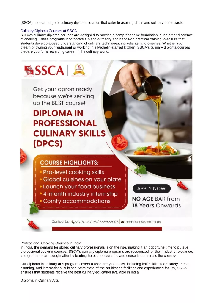 ssca offers a range of culinary diploma courses