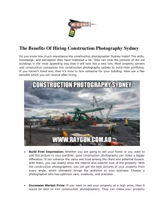 Benefits Of Hiring Construction Photography Sydney