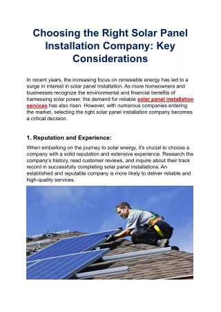 Choosing the Right Solar Panel Installation Company Key Considerations