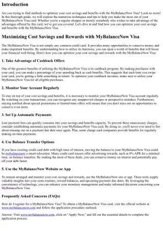 Taking Full Advantage Of Cost Savings and Benefits with MyBalanceNow Visa