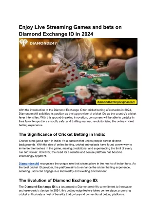 Enjoy Live Streaming Games and bets on Diamond Exchange ID in 2024
