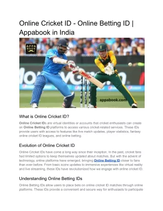 Online Cricket ID - Online Betting ID - Cricket ID - Appabook in India