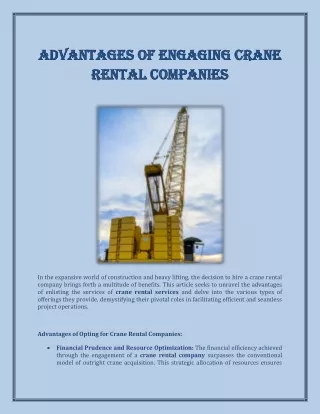 Advantages of Engaging Crane Rental Companies