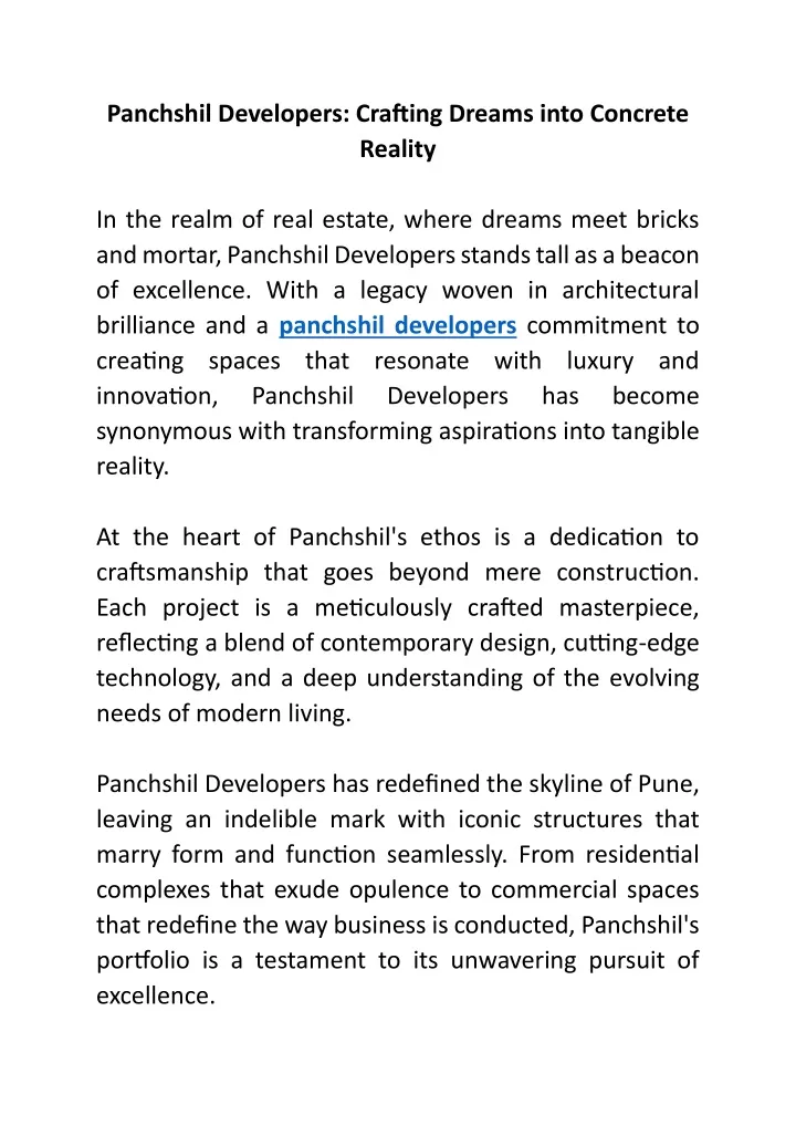 panchshil developers crafting dreams into