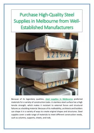 Purchase High-Quality Steel Supplies in Melbourne from Well-Established Manufact
