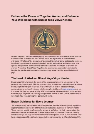 Embrace the Power of Yoga for Women and Enhance Your Well-being with Bharat Yoga Vidya Kendra