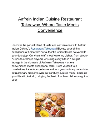 Aafrein Indian Cuisine Restaurant Takeaway, Where Taste Meets Convenience