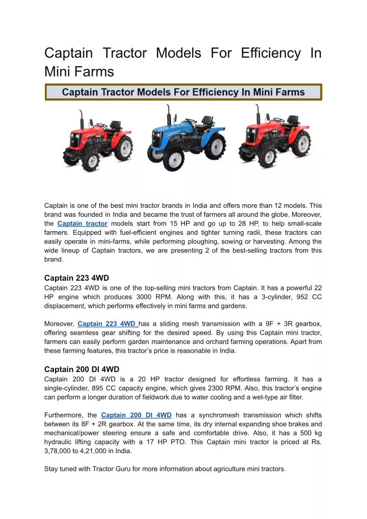 captain tractor models for efficiency in mini