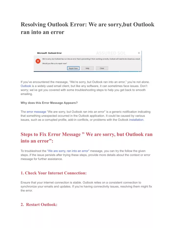 resolving outlook error we are sorry but outlook