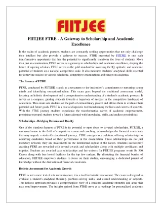 FIITJEE FTRE - A Gateway to Scholarship and Academic Excellence