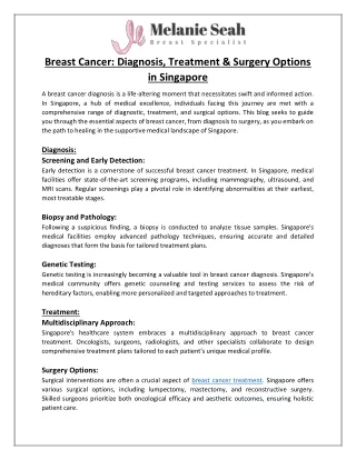Breast Cancer Diagnosis, Treatment & Surgery Options in Singapore