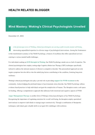 Mind Mastery: Woking's Clinical Psychologists Unveiled