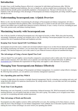 Making the most of the Advantages of Securespend.com Balance Management