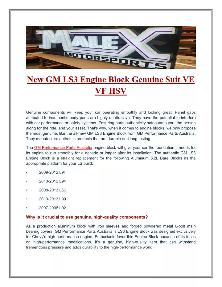new gm ls3 engine block genuine suit ve vf hsv