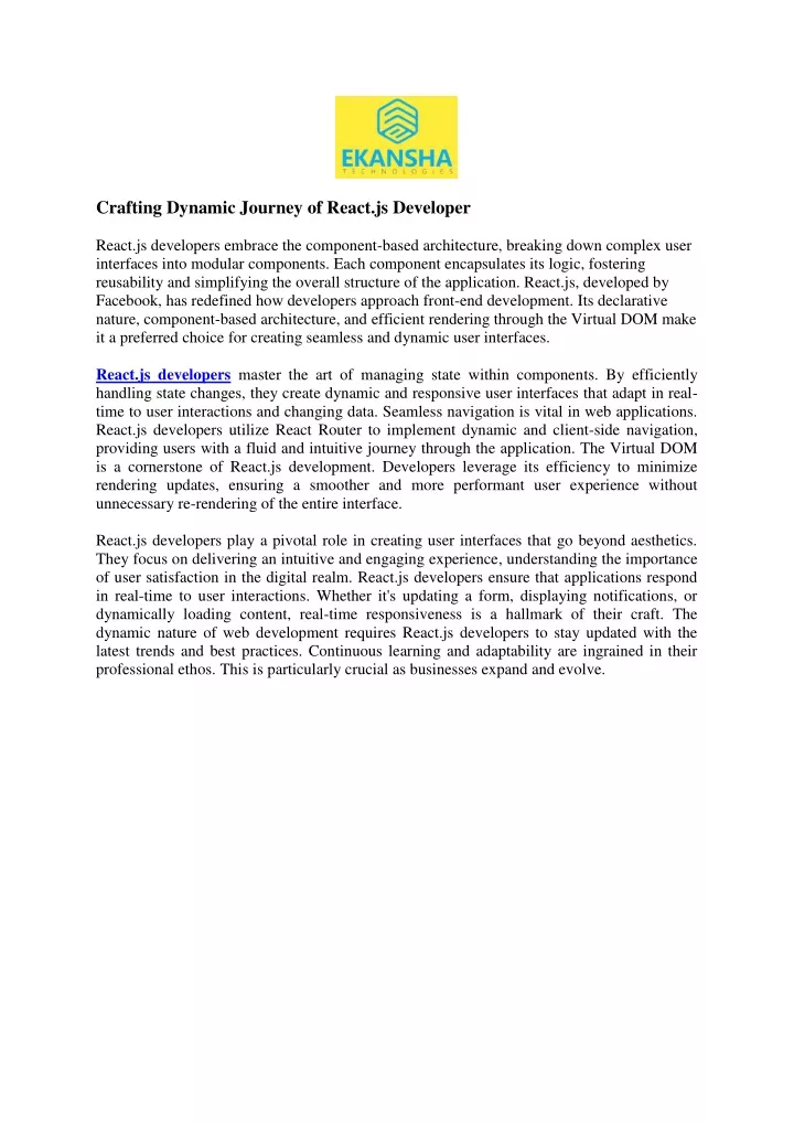 crafting dynamic journey of react js developer