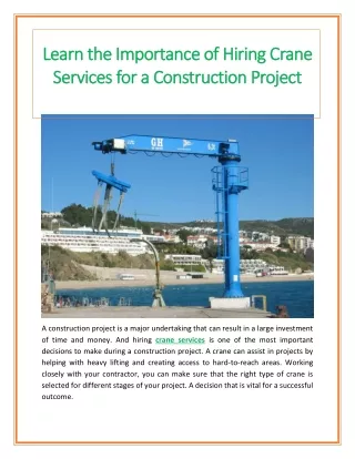Learn the Importance of Hiring Crane Services for a Construction Project