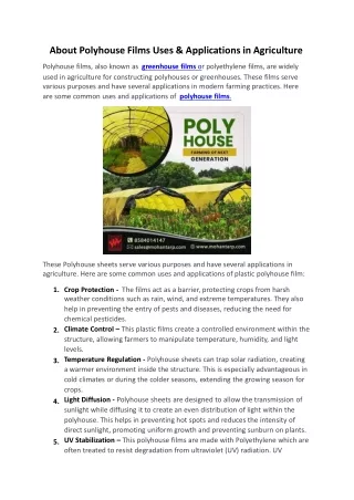 About Polyhouse Films Uses and applications in agriculture