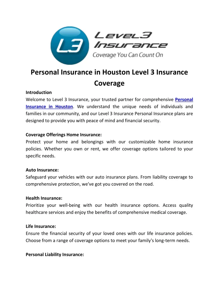 personal insurance in houston level 3 insurance