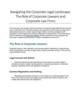 Navigating the Corporate Legal Landscape: The Role of Corporate Lawyers and Corp