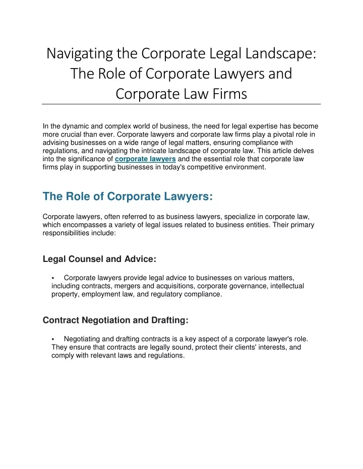 navigating the corporate legal landscape the role