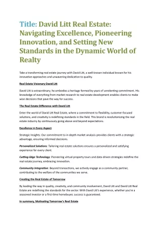 David Litt Real Estate: Leading Innovation, Advancing Excellence