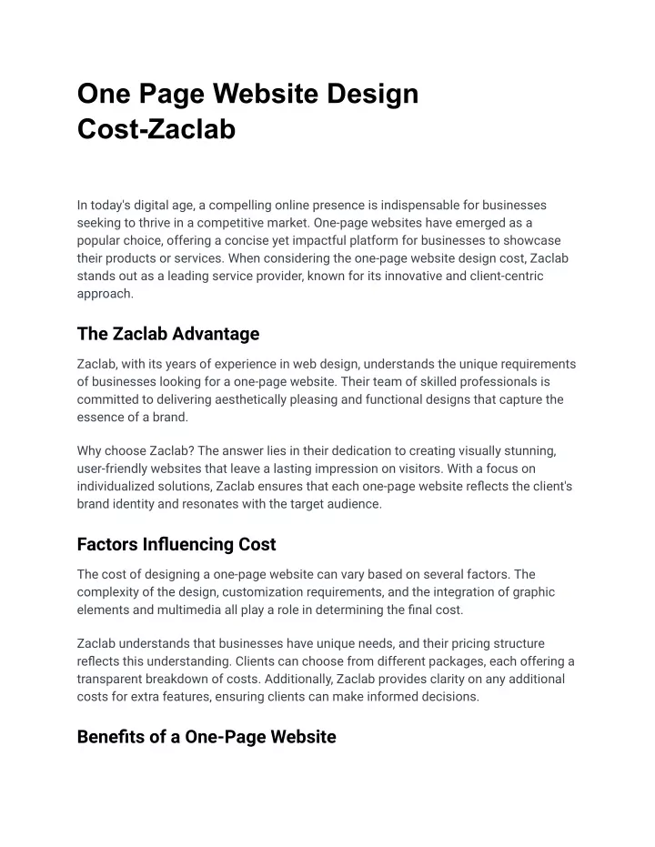 one page website design cost zaclab