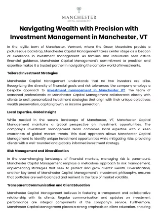 Navigating Wealth with Precision with Investment Management in Manchester, VT