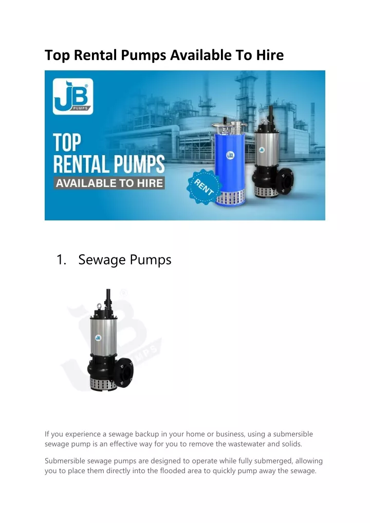 top rental pumps available to hire