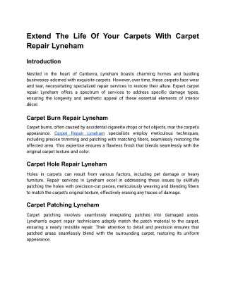 Extend The Life Of Your Carpets With Carpet Repair Lyneham