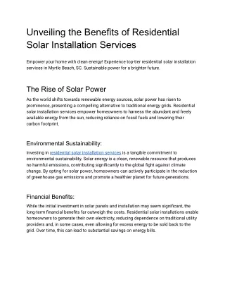 Unveiling the Benefits of Residential Solar Installation Services