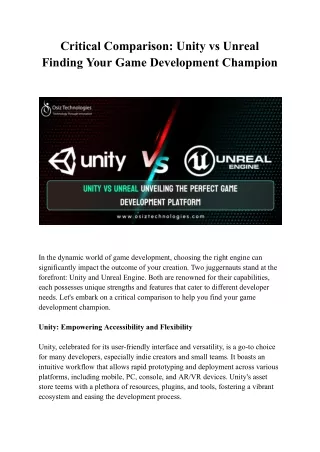 Critical Comparison Unity vs Unreal Finding Your Game Development Champion
