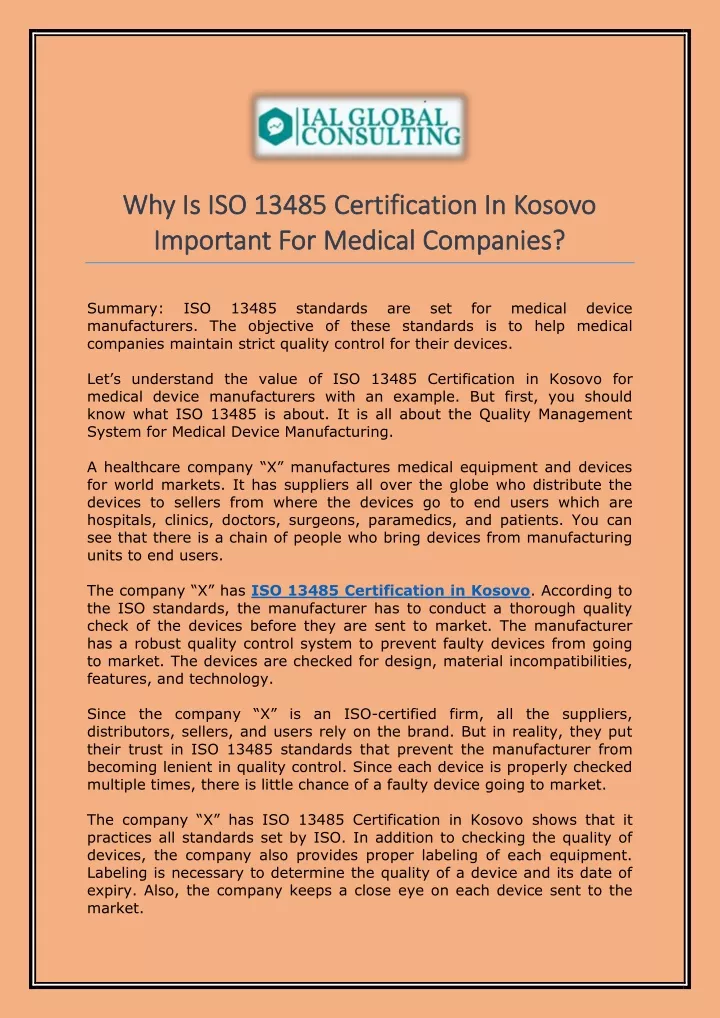 why is iso 13485 certification in kosovo