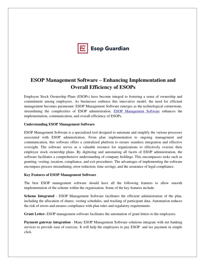 esop management software enhancing implementation