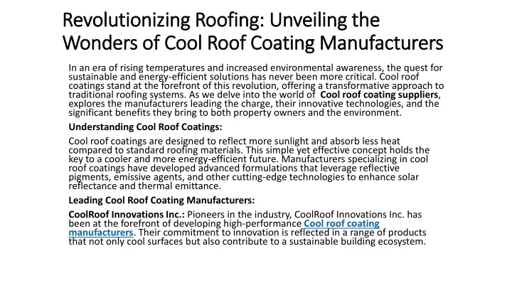 revolutionizing roofing unveiling the wonders of cool roof coating manufacturers