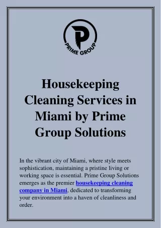 Housekeeping Cleaning Services in Miami by Prime Group Solutions