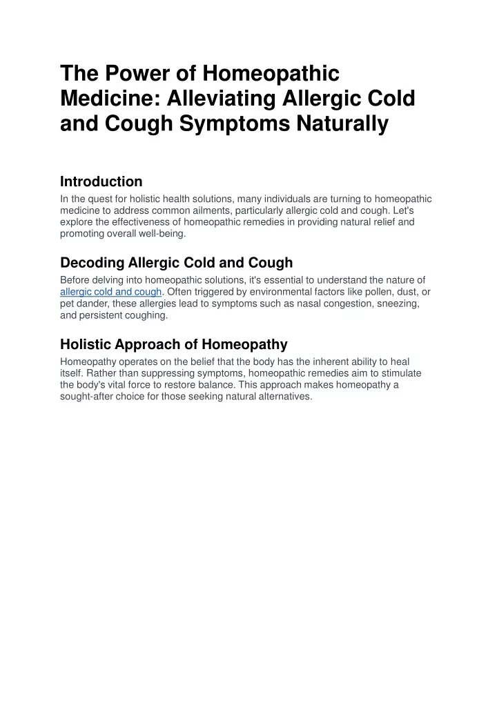 the power of homeopathic medicine alleviating allergic cold and cough symptoms naturally