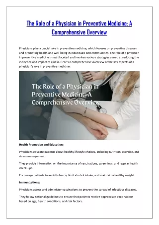 The Role of a Physician in Preventive Medicine - A Comprehensive Overview