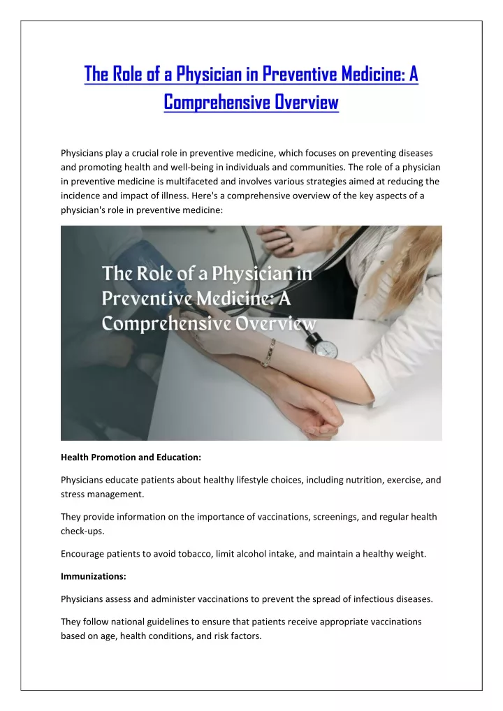 the role of a physician in preventive medicine