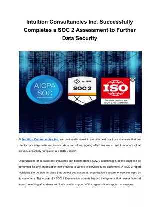 Intuition Consultancies Inc. Successfully Completes a SOC 2 Assessment to Further Data Security