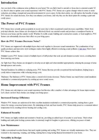 Update Your Noise Experience: Noise Decrease with PVC Frames