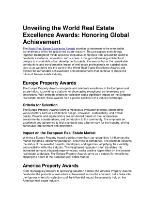 Unveiling the World Real Estate Excellence Awards Honoring Global Achievement