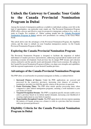 Your Guide to the Canada Provincial Nomination Program in Dubai