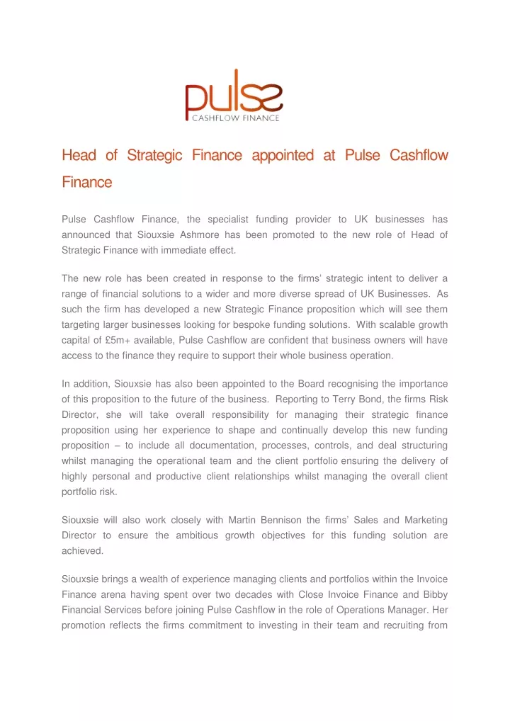 head of strategic finance appointed at pulse