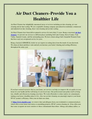 Air Duct Cleaners–Provide You a Healthier Life