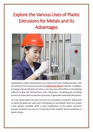 Explore the Various Uses of Plastic Extrusions for Metals and Its Advantages