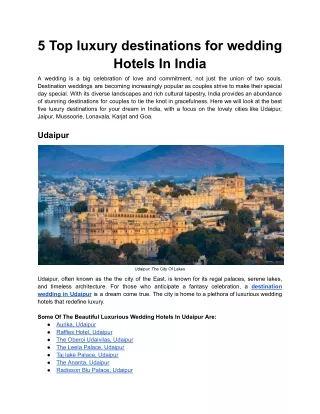 5 Top luxury destinations for wedding Hotels In India