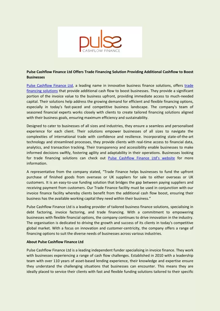 pulse cashflow finance ltd offers trade financing