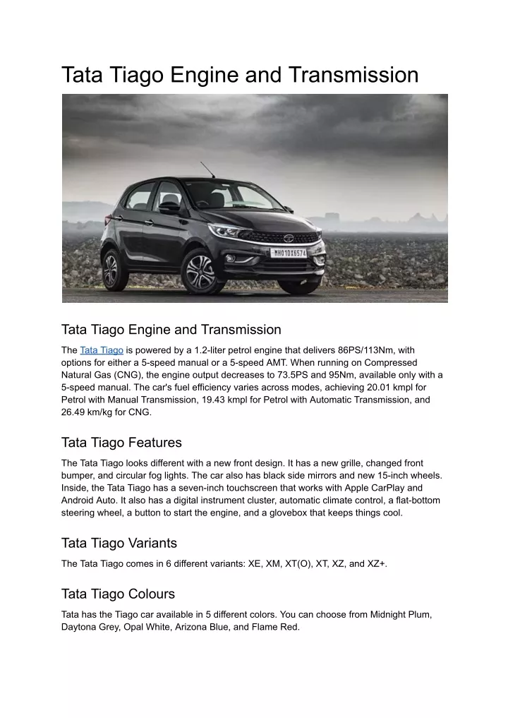 tata tiago engine and transmission