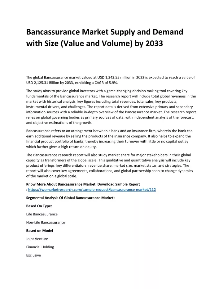 bancassurance market supply and demand with size